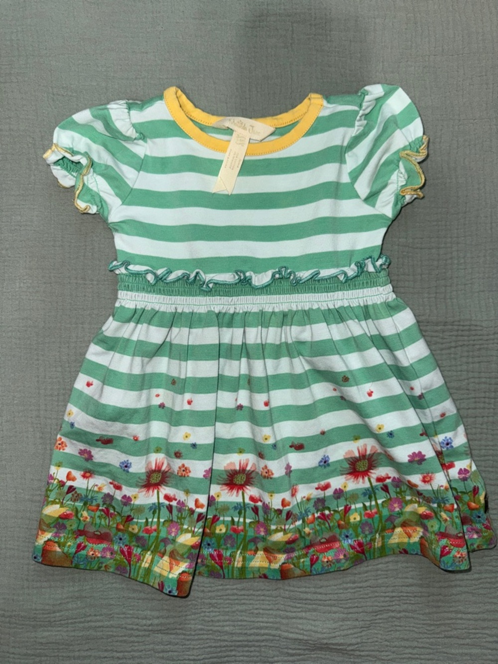 Matilda Jane Green and White Striped Floral Border Dress with Yellow Neck Trim
